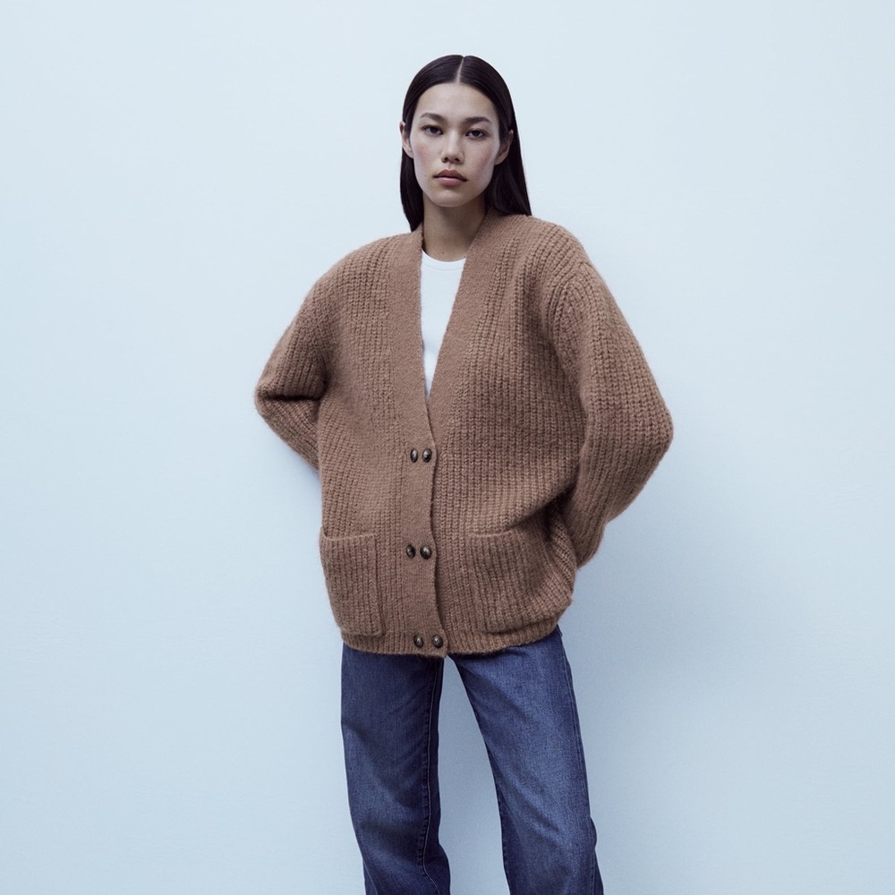 Zara Taupe Brown Oversized Purl Knit Cardigan